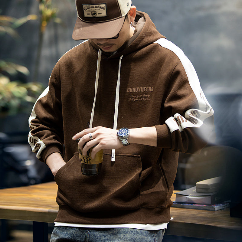 360g美式撞色長袖衛衣男秋季寬松潮牌大碼連帽上衣男休閑外套