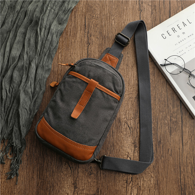 復古文藝胸包小揹包配真皮男士單肩斜挎包運動休閒大容量帆布包包