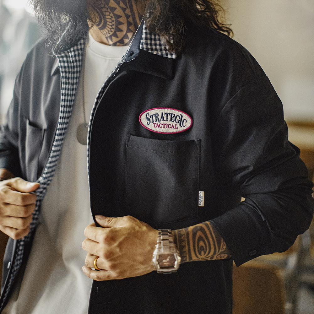 美式黑色口袋襯衫長袖梭織山系機能通勤襯衣外套男秋