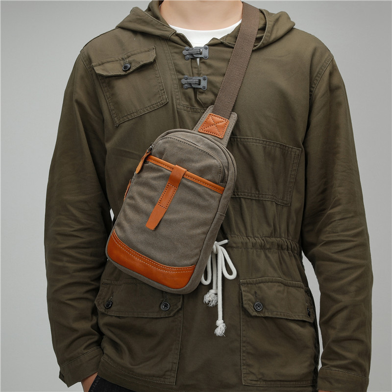 復古文藝胸包小揹包配真皮男士單肩斜挎包運動休閒大容量帆布包包