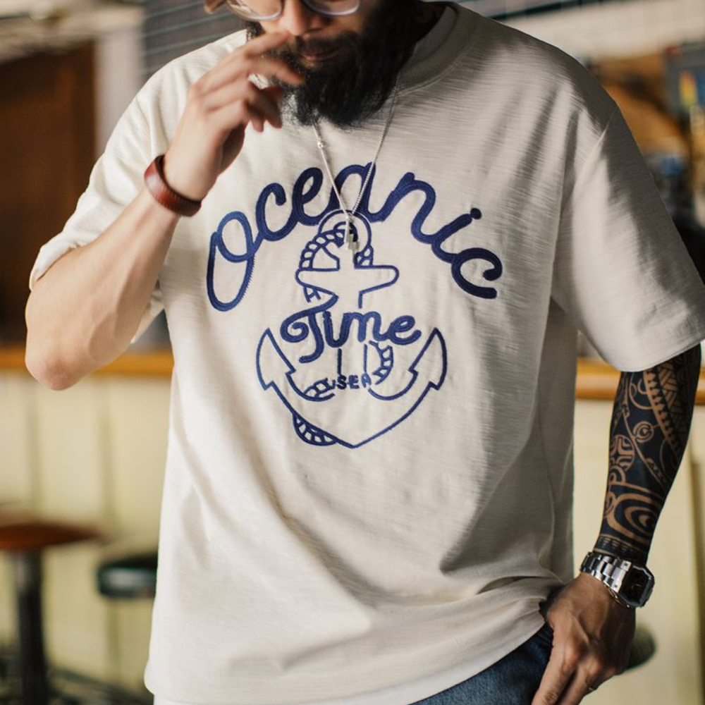 美式復古海軍刺繡T恤白色重磅竹節棉螺紋領口短袖男夏季