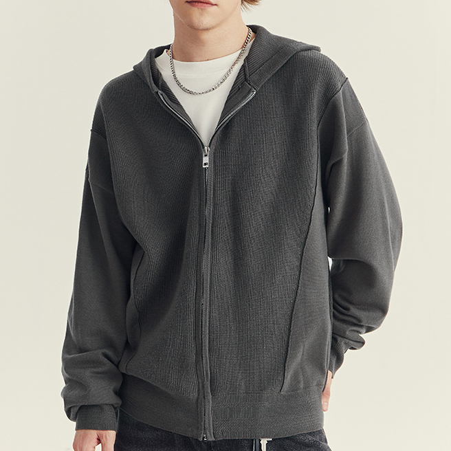 秋冬季男士連帽針織開衫外套高級感潮牌寬鬆休閒拉鍊毛衣