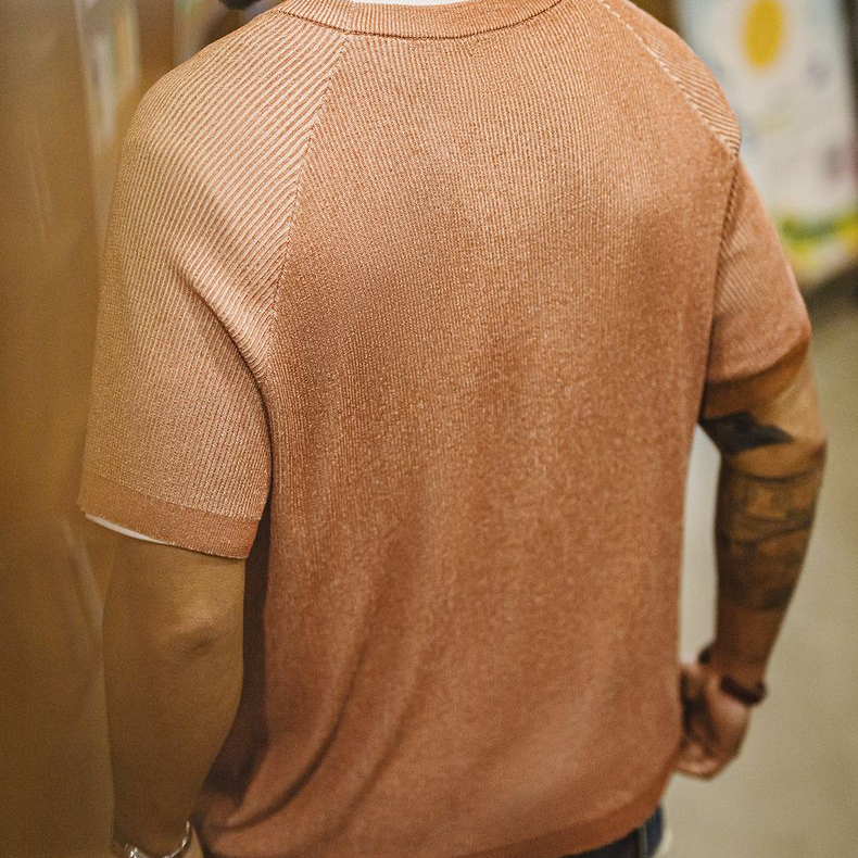 美式復古橙色針織衫短袖休閒寬鬆圓領薄款透氣T恤男夏季