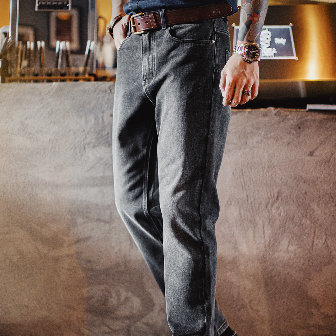 美式休閒水洗做舊牛仔褲灰色直筒微錐蘿蔔褲長褲子男夏秋