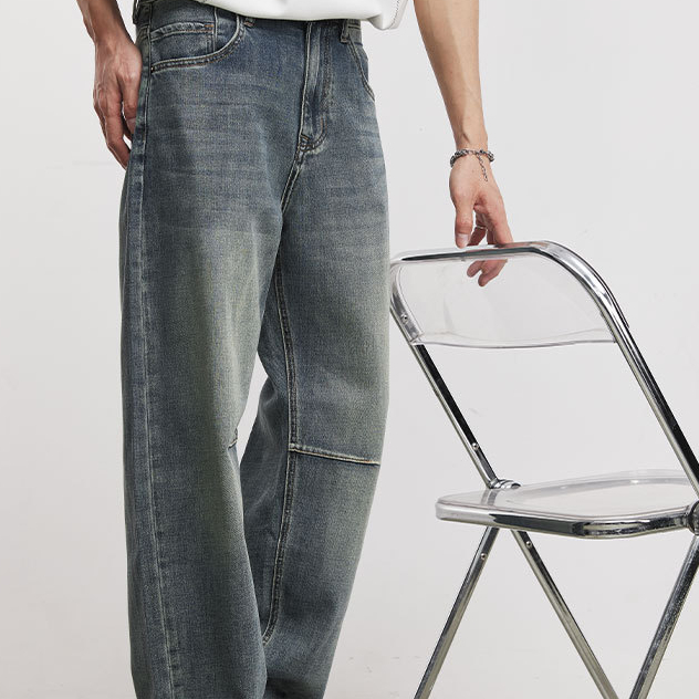 做舊水洗割破牛仔褲男夏季美式復古漸變垂感寬鬆直筒闊腿褲