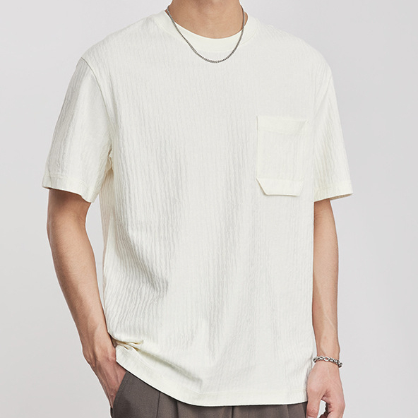 口袋裝飾豎條肌理感短袖 T 恤肌男夏季新款圓領寬鬆簡約T恤