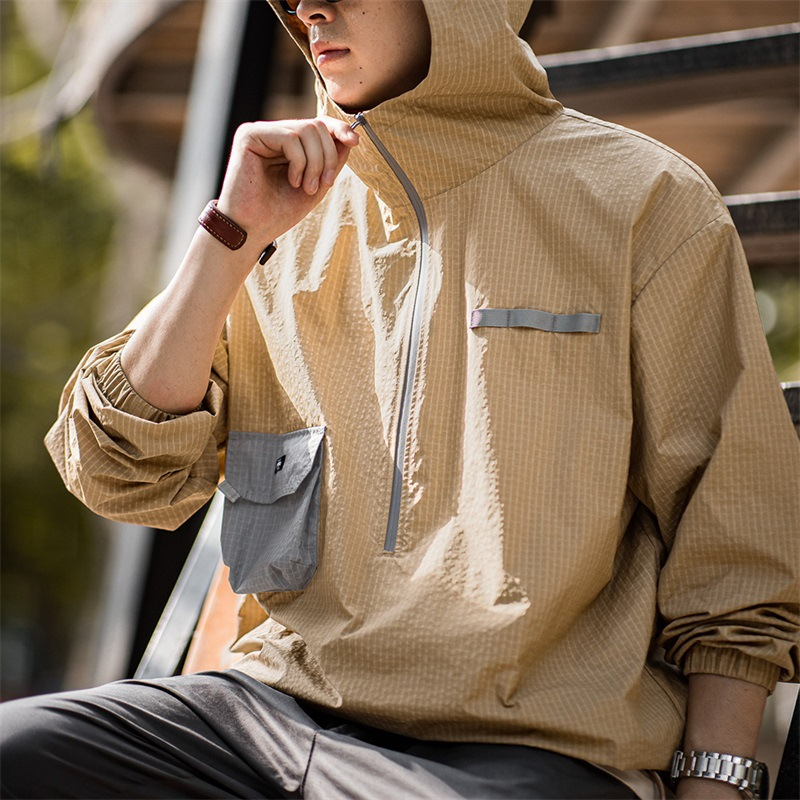 山系戶外半拉鍊套頭衛衣夾克寬鬆撞色薄款連帽衫外套男秋