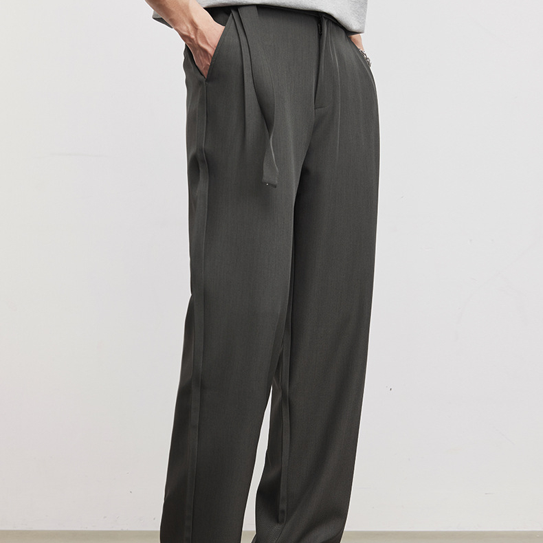 垂墜肌理冰絲抽繩商務休閒褲男夏季寬鬆直筒通勤褶皺闊腿西褲