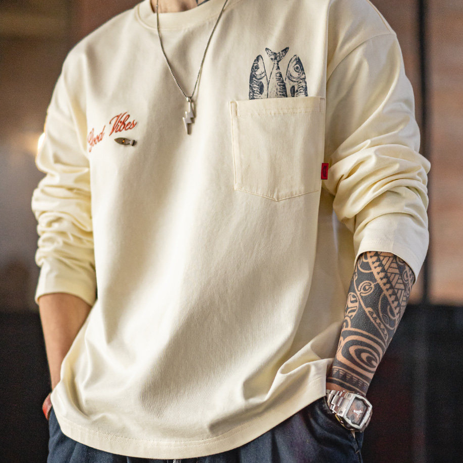 美式印花口袋長袖T恤純全棉舒適圓領打底內搭體恤男款春