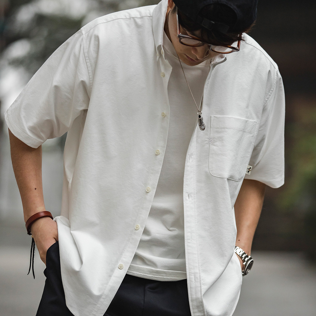美式復古oversize白色疊穿短袖襯衫寬鬆cityboy襯衣男夏