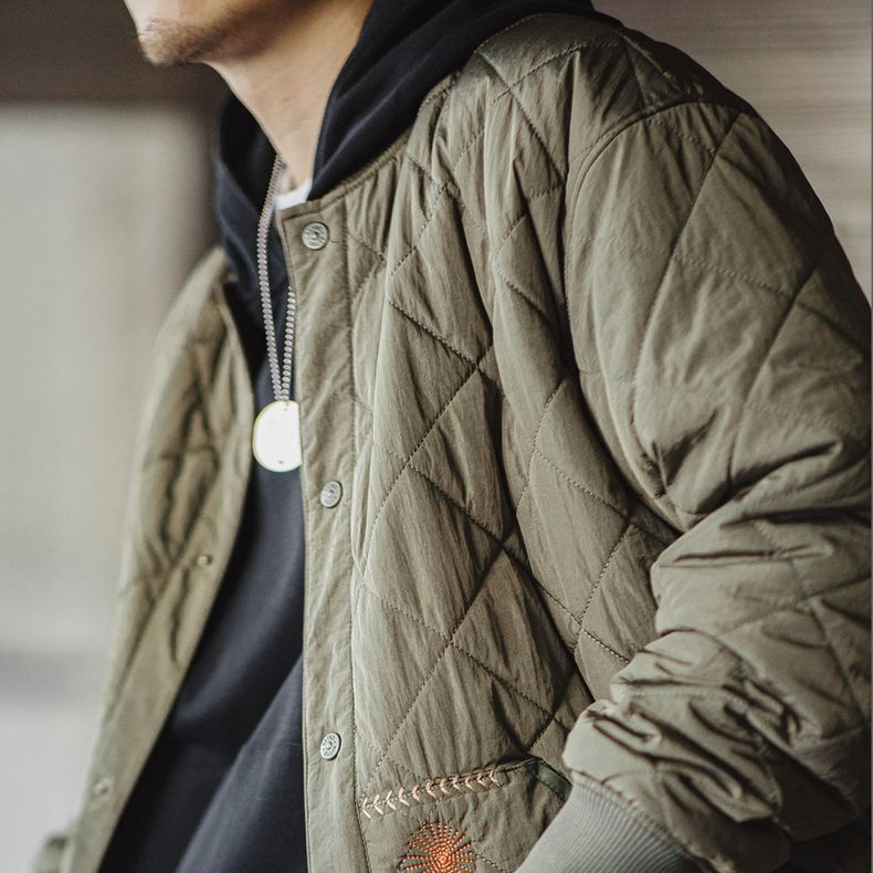美式休閒絎縫棒球服夾克棉衣菱形格加厚保暖棉服外套男冬