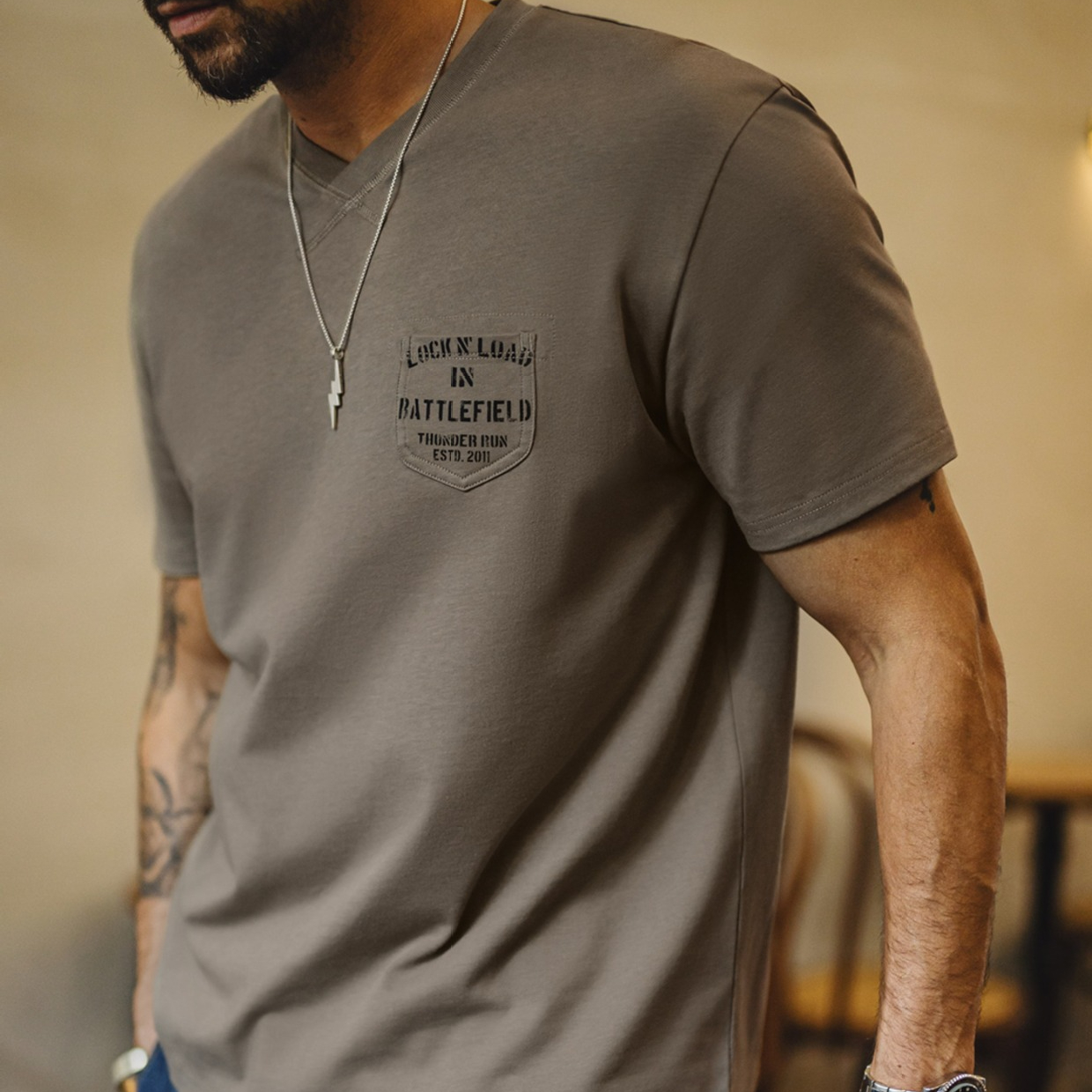 美式復古軍事風口袋T恤螺紋領口體能訓練硬漢短袖男夏季