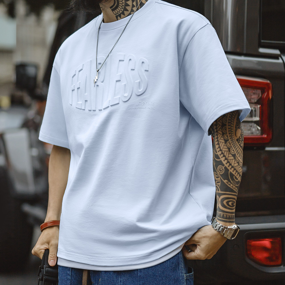 美式休閒3D印花純棉鋼印T恤淡藍透氣寬鬆高街短袖男春夏