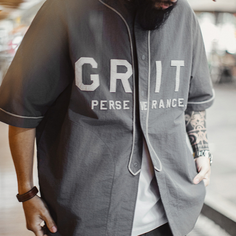 美式休閒GRIT棒球服貼布繡襯衫日系灰色薄款襯衣男春夏