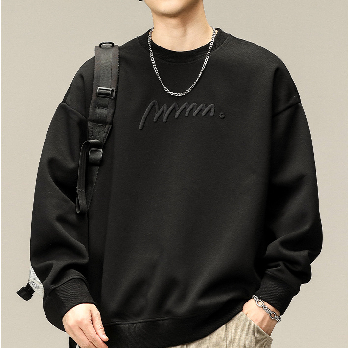 美式復古重磅刺繡衛衣男春季新款寬鬆大碼潮牌圓領上衣男