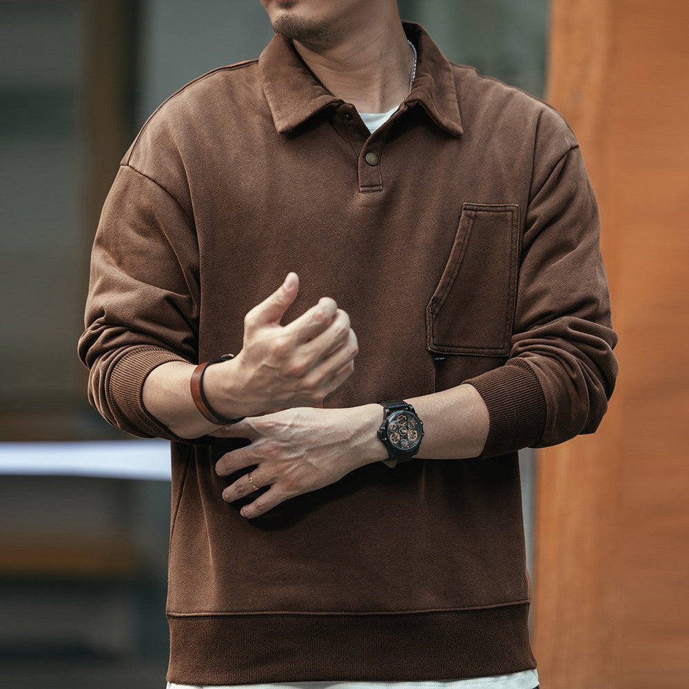美式復古做舊水洗翻領POLO衫男春季長袖衛衣寬松大碼痞帥體恤