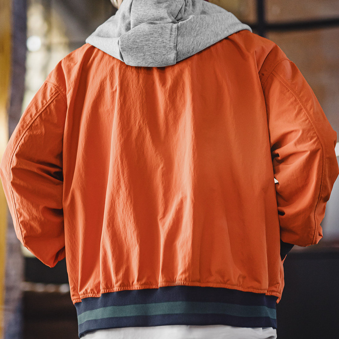 美式復古拼接撞色連帽夾克短薄款開衫橙色休閒外套男春季