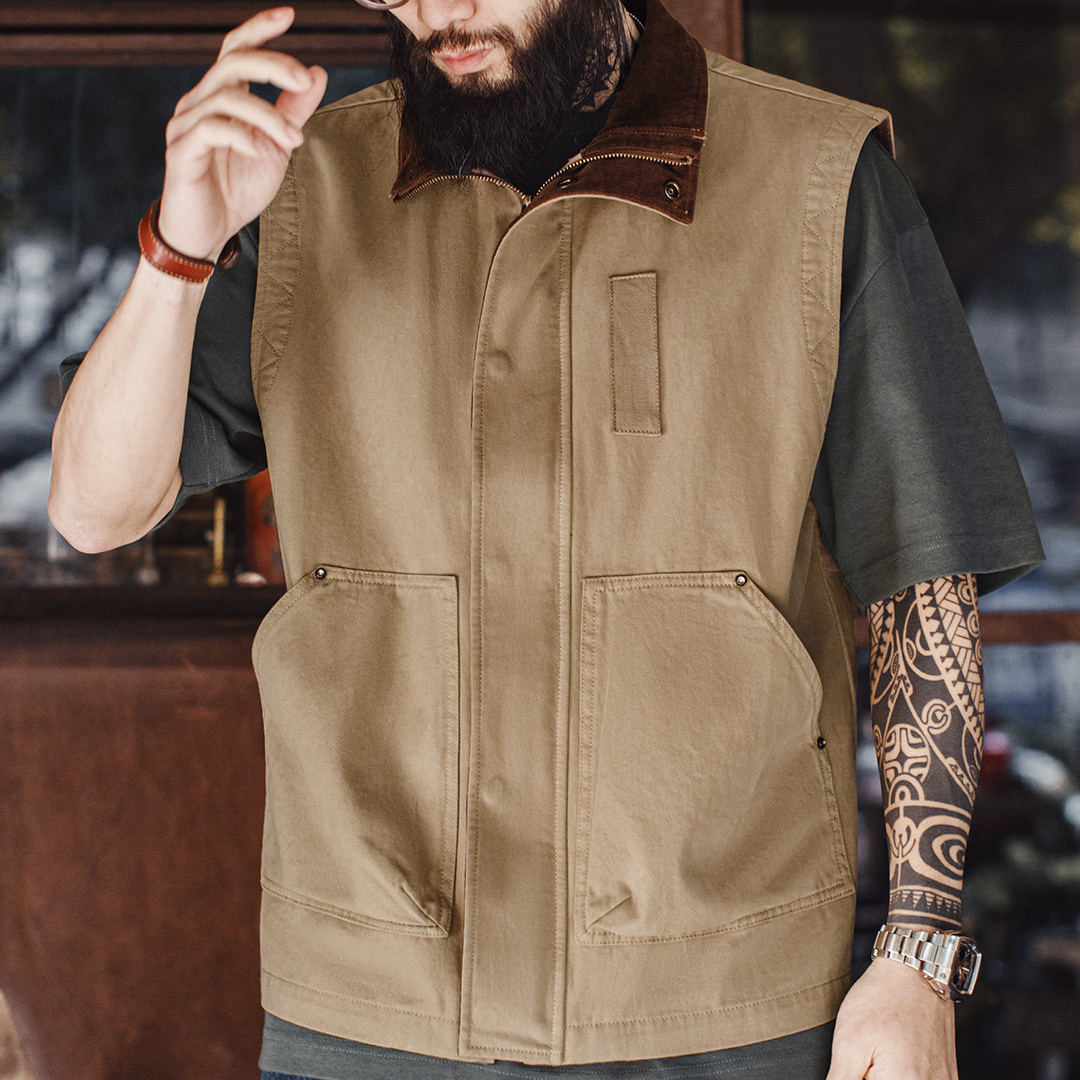 美式復古safari馬甲獵裝純棉卡其色燈芯絨背心外套男款春