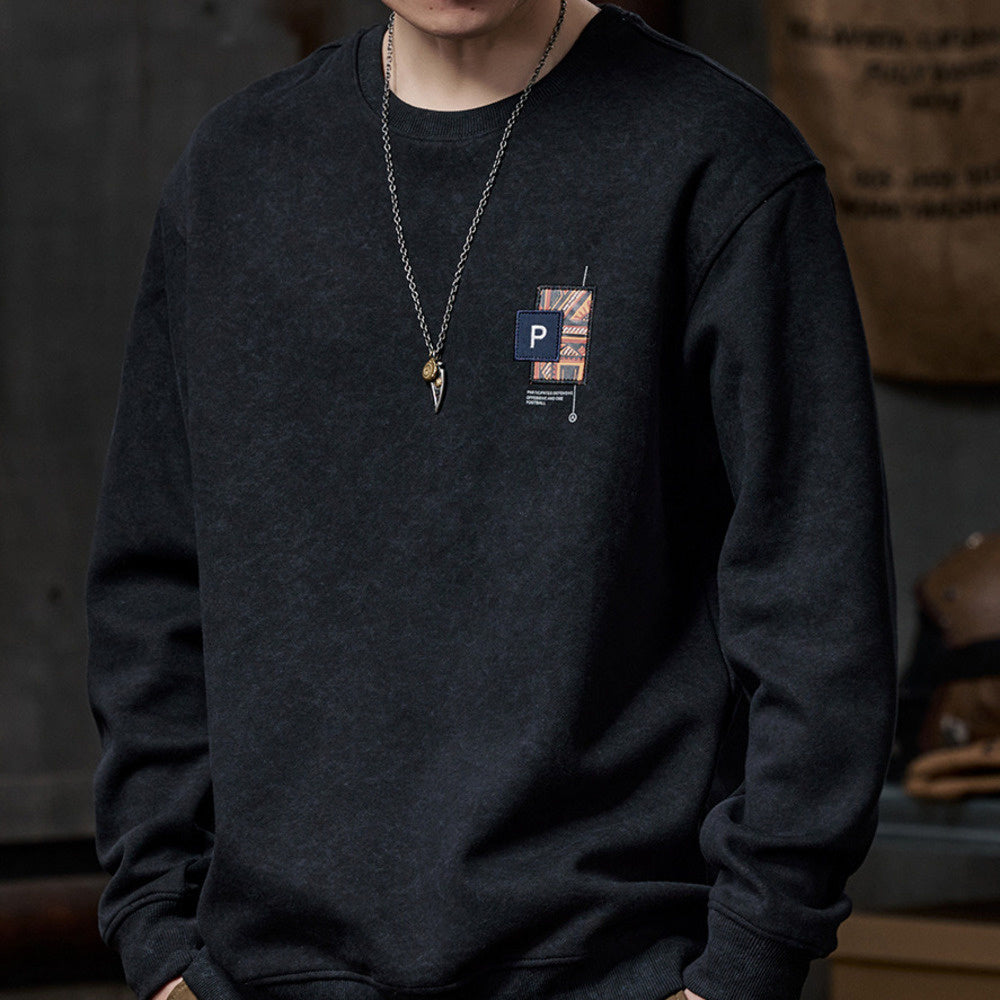 美式復古紮染圓領衛衣男士名民族風刺繡上衣秋冬季寬松加絨外套男