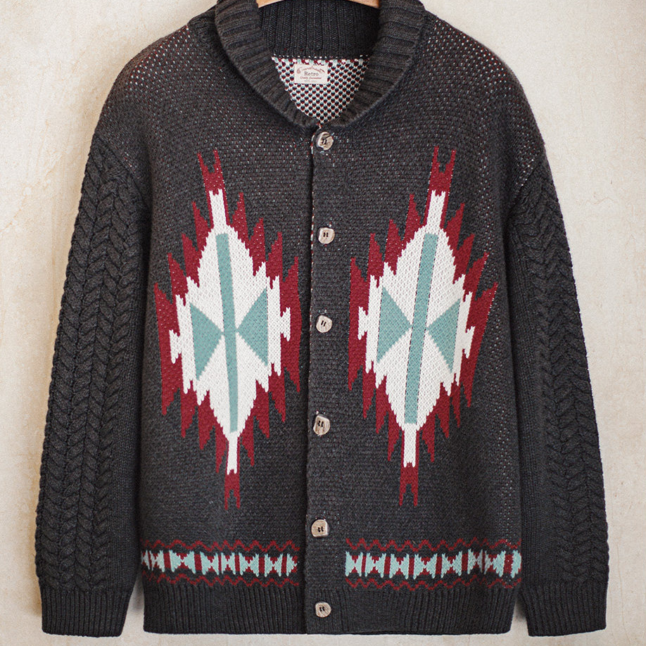 美式復古考津毛衣外套印第安青果領開衫針織毛衫男秋冬