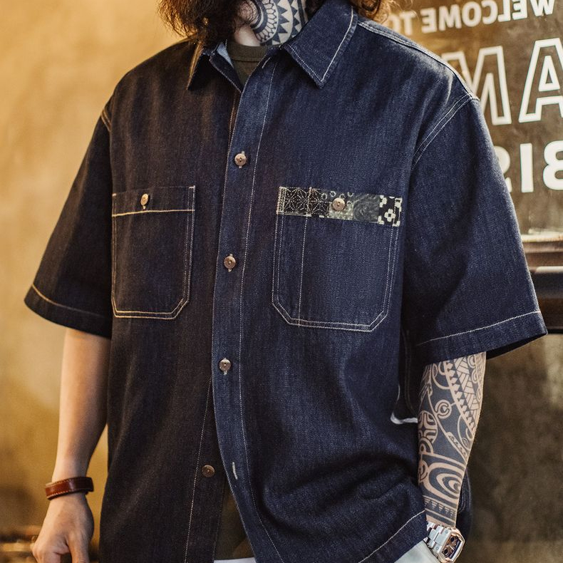 美式復古boro丹寧回潮牛仔襯衣日系藍染翻領襯衫外套男