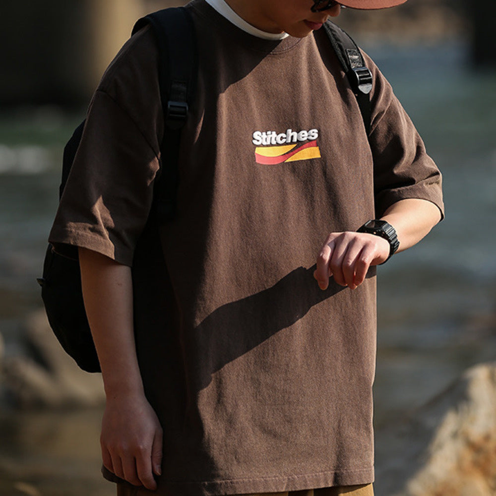 320g水洗發泡印花短袖男復古寬松休閑潮情侶T恤