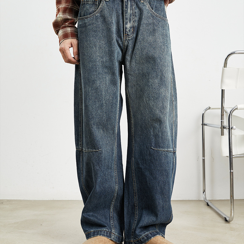 美式復古闊腿牛仔褲男春秋季寬鬆垂感老爹褲水洗大碼褲子