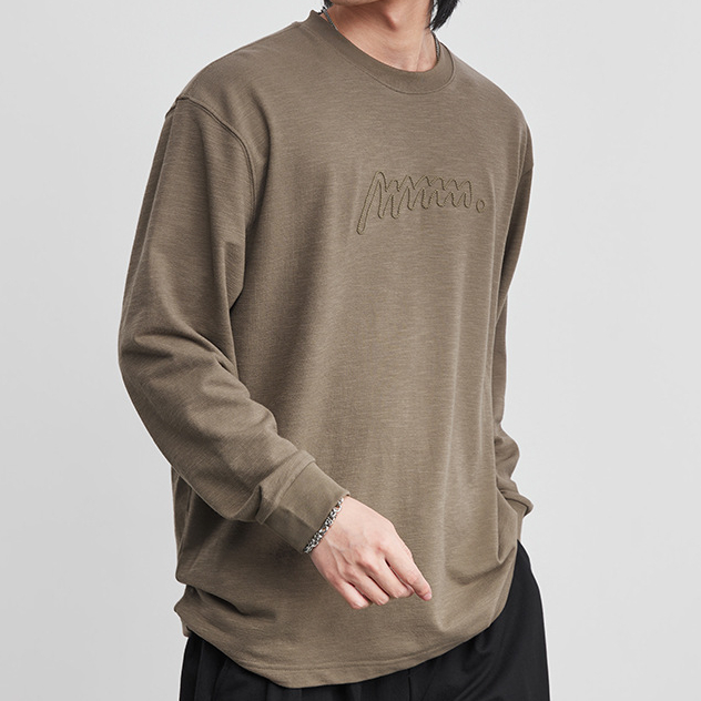 棉紡長袖T恤簡約字母刺繡打底衫2026春季男圓領內搭純色上衣