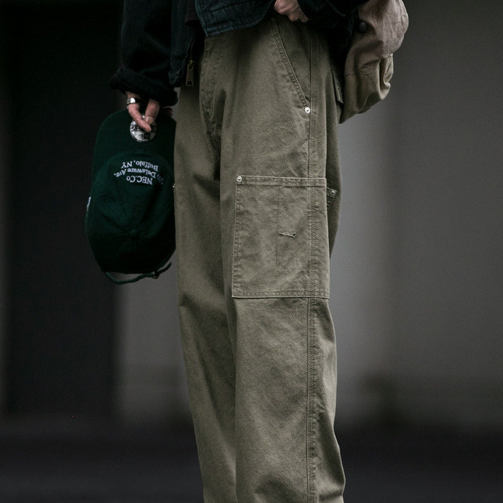 秋冬360g水洗做舊工裝褲男潮牌寬松伐木褲純棉百搭直筒長褲潮