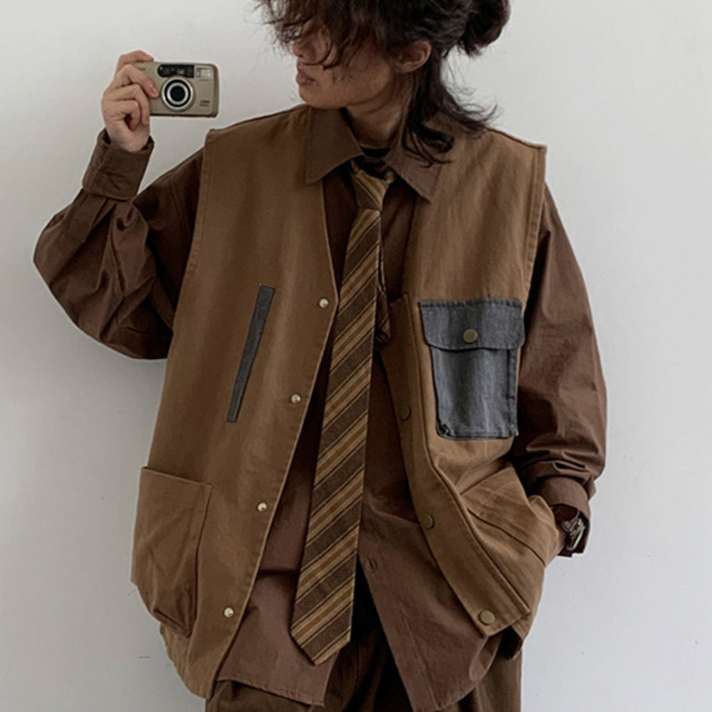 秋美式復古山系工裝馬甲男女生寬松阿美咔叽拼接咖色褂子