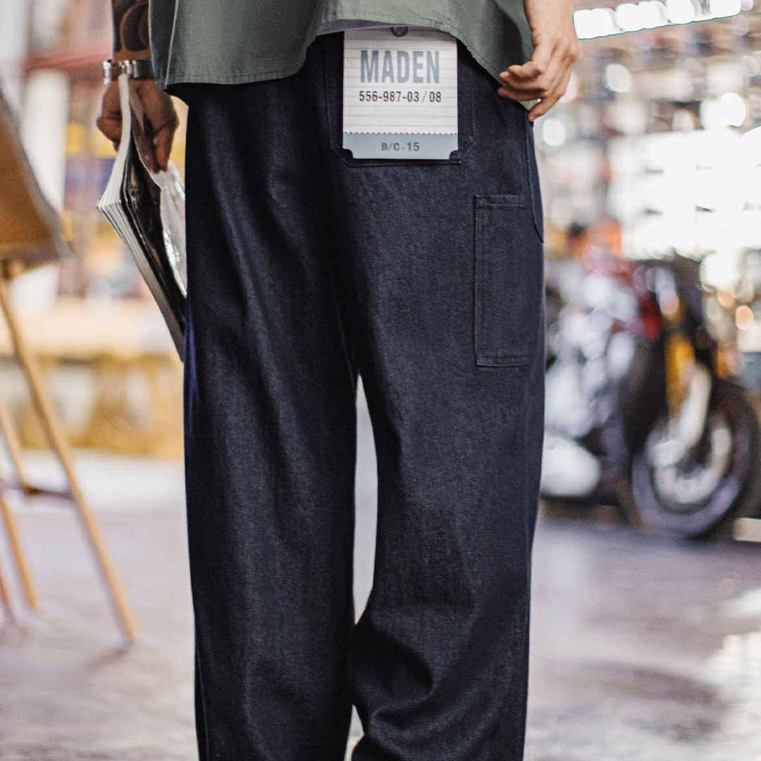 美式古布水洗牛仔褲直筒BORO闊腿深藍色寬鬆休閒褲子男春