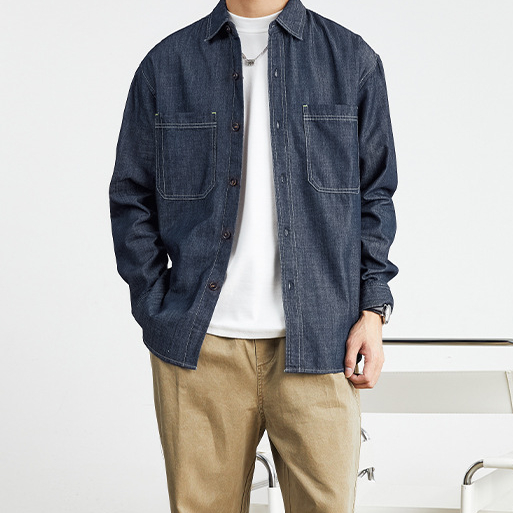 美式復古牛仔長袖襯衫男士2025春季新款工裝風寬鬆外套男