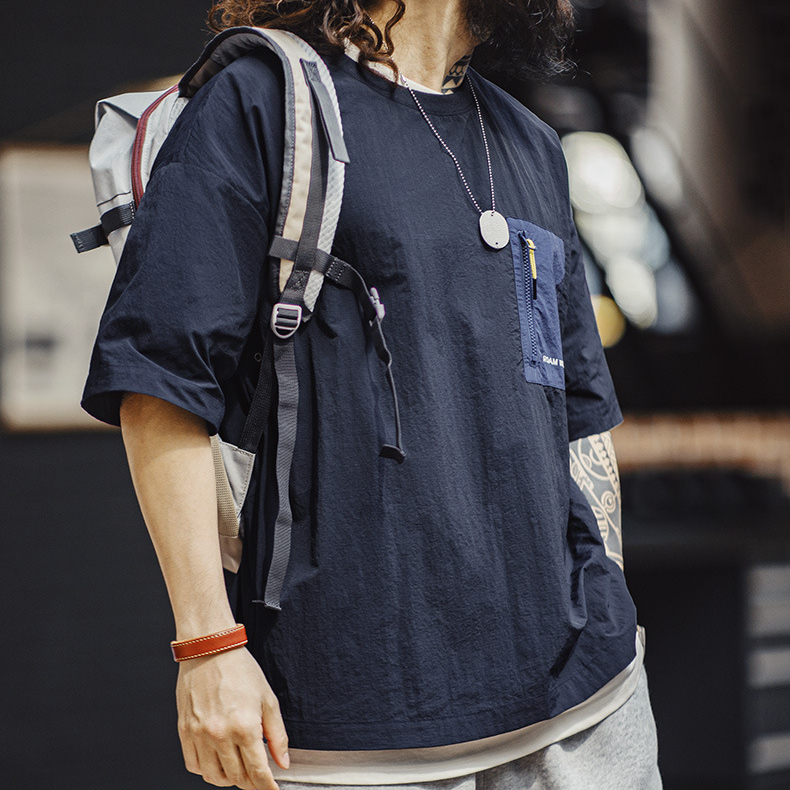 山系戶外薄款口袋拼接短袖T恤落肩尼龍透氣半袖T恤男夏