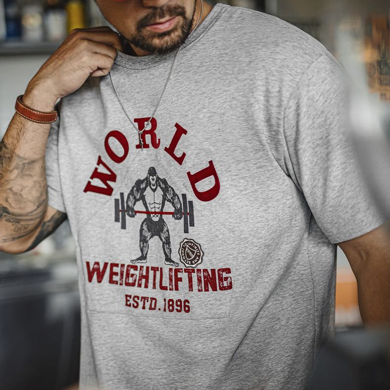 美式復古猩猩印花T恤雙紗純棉重磅休閒花灰色短袖男夏季