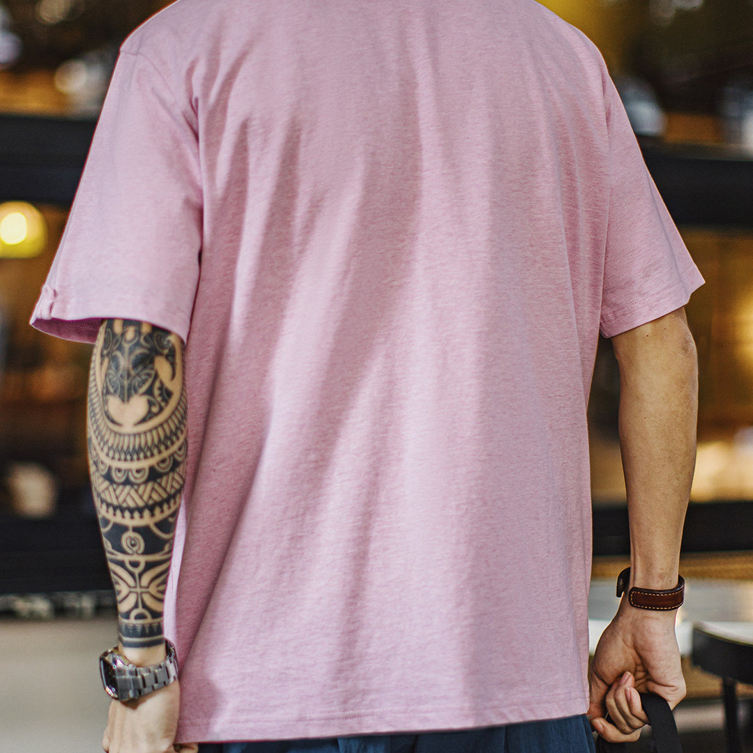 美式復古印花植絨T恤純棉小衆休閒粉色寬鬆短袖男款夏季