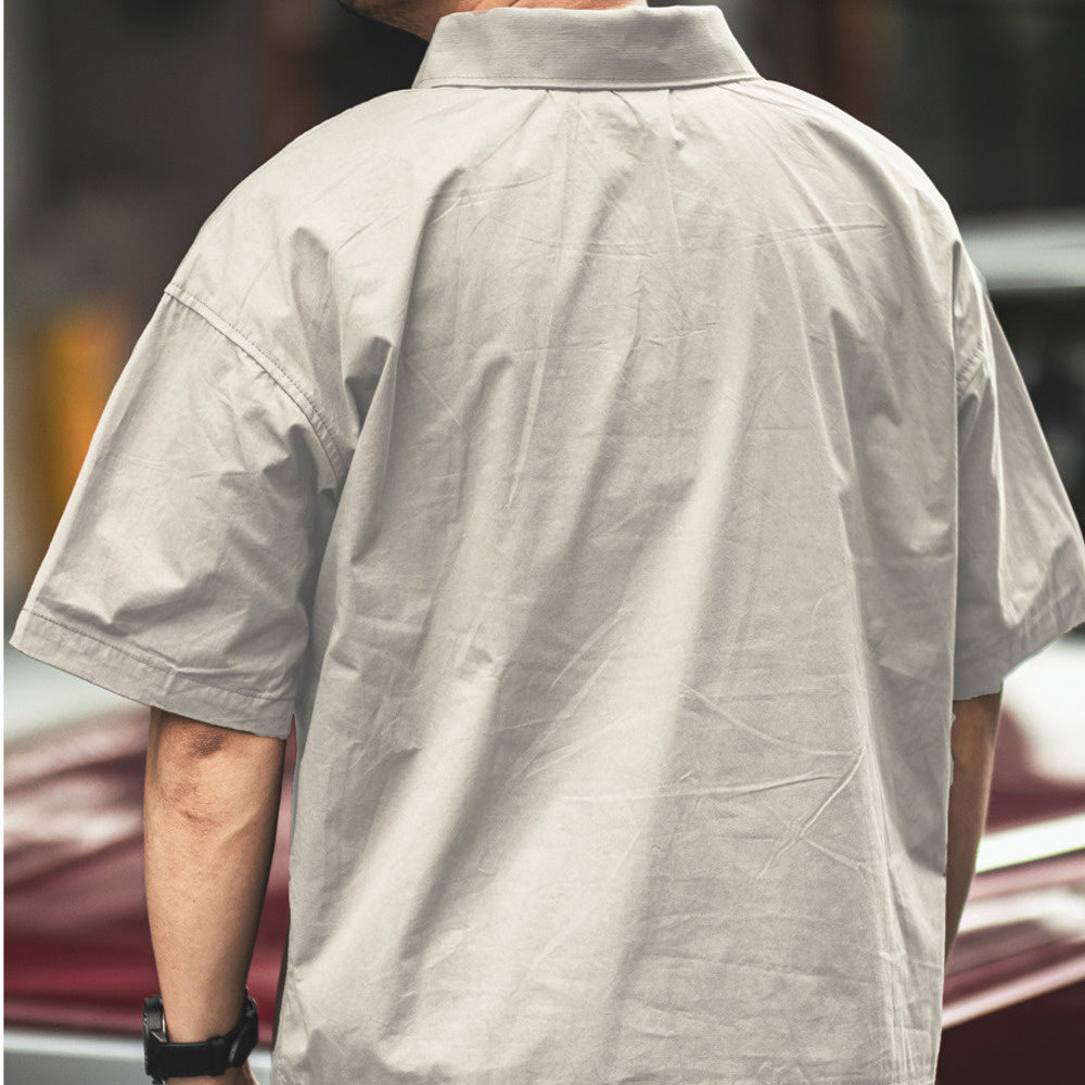 設計感美式休閑工裝短袖polo衫男夏季薄款寬松疊穿翻領襯衫T恤男