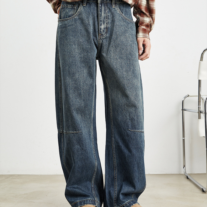 美式復古闊腿牛仔褲男春秋季寬鬆垂感老爹褲水洗大碼褲子