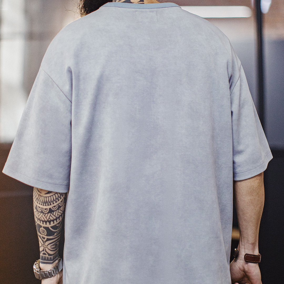 美式復古印花做舊仿蠟染圓領藍色落肩針織短袖T恤男士夏