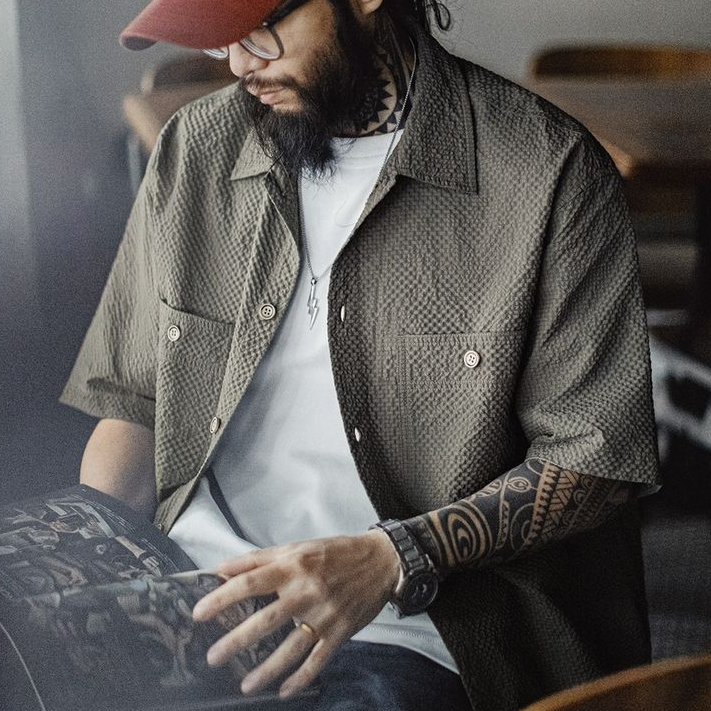 美式休閒AIRY空氣感泡泡紗襯衫透氣薄款襯衣外套男春夏