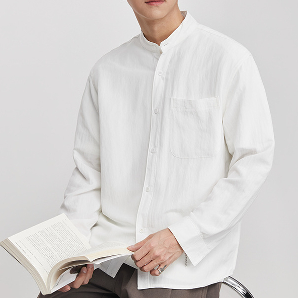 亞麻中式立領休閒襯衫男春季微闊純色休閒簡約百搭長袖上衣