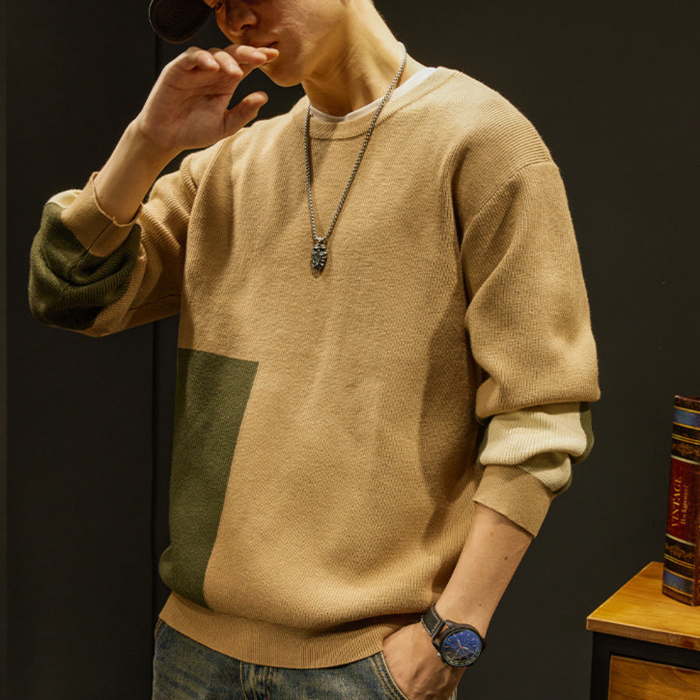 高端美式毛衣男潮牌撞色寬松內搭打底針織衫秋冬季男裝休閑上衣