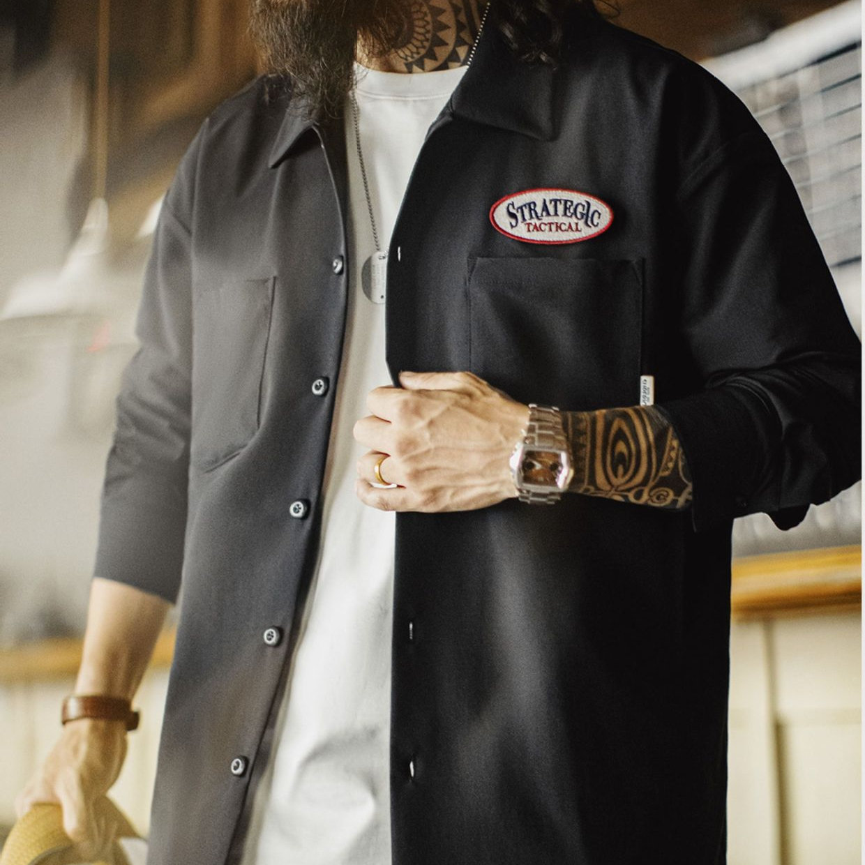 美式黑色口袋襯衫長袖梭織山系機能通勤襯衣外套男秋