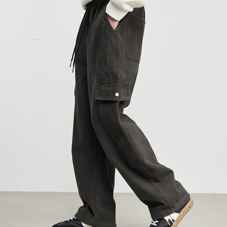 素韻加絨彎刀牛仔褲工裝褲男秋冬季新款寬鬆闊腿保暖褲子