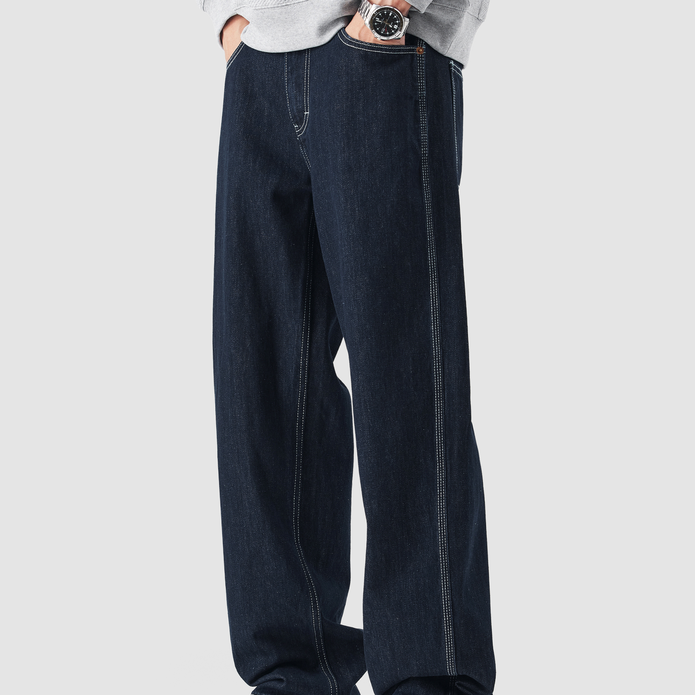 春秋新款原色闊腿牛仔褲男直筒寬鬆賽絡紡水洗復古休閒褲