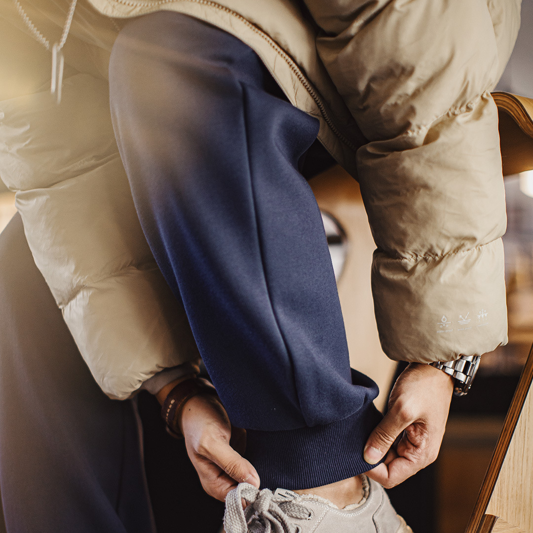 美式束腳衛褲加絨加厚保暖藍色抽繩寬鬆休閒長褲子男秋冬