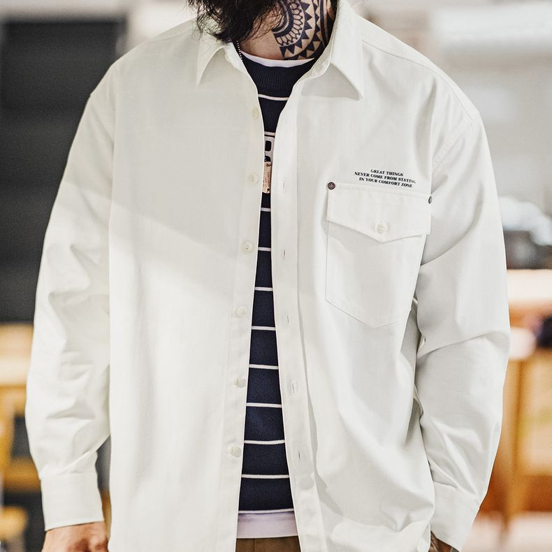 美式休閒人字紋廓形長袖襯衫印花疊穿翻領白色襯衣男秋冬