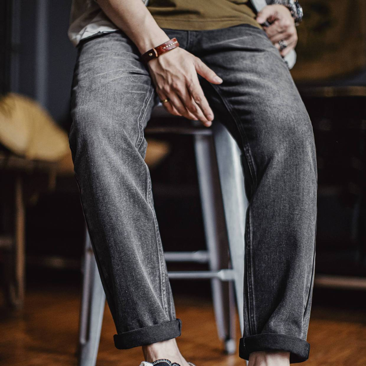 美式休閒水洗做舊牛仔褲灰色直筒微錐蘿蔔褲長褲子男夏秋