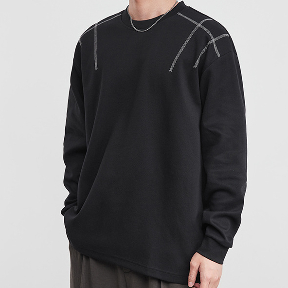 男士長袖T恤寬鬆微闊幾何設計打底衫春季圓領輯明線套頭上衣