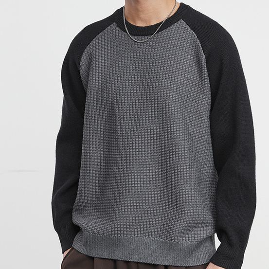 簡潮重磅拼色圓領毛衣男冬季肌理感美式拼接打底針織衫