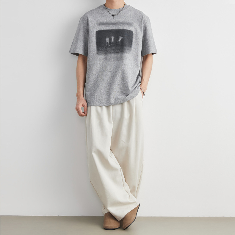 抽象人影印花短袖T恤男夏季肌理感寬鬆圓領日系潮牌休閒上衣